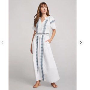 Faherty Maxi Blue Embroidered Catrina Dress in White - S
